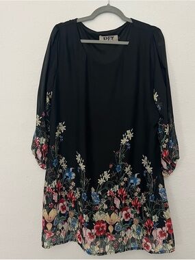 DJT Black Floral Border-Print Women's Dress